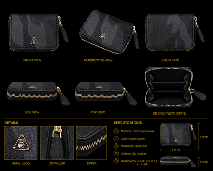 Black camouflage wallet with various views and specifications on a black background