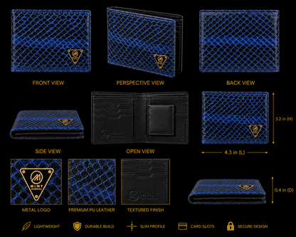 Blue textured wallet with gold logo and features on a black background