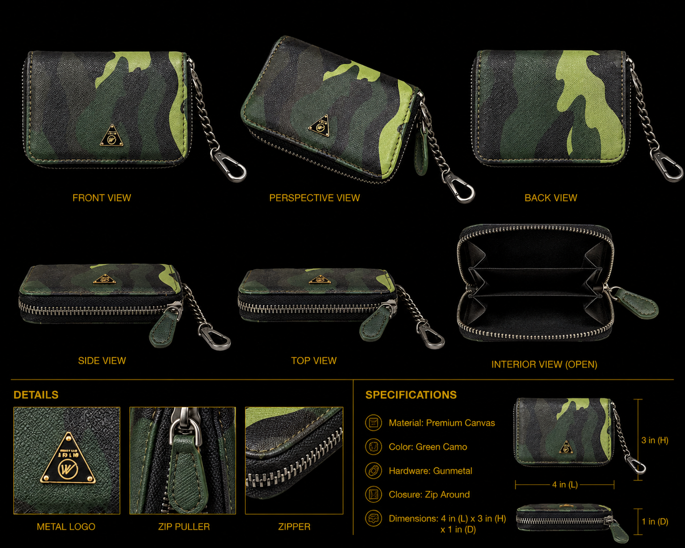 Camouflage wallet with chain detail shown from multiple angles on a white background.