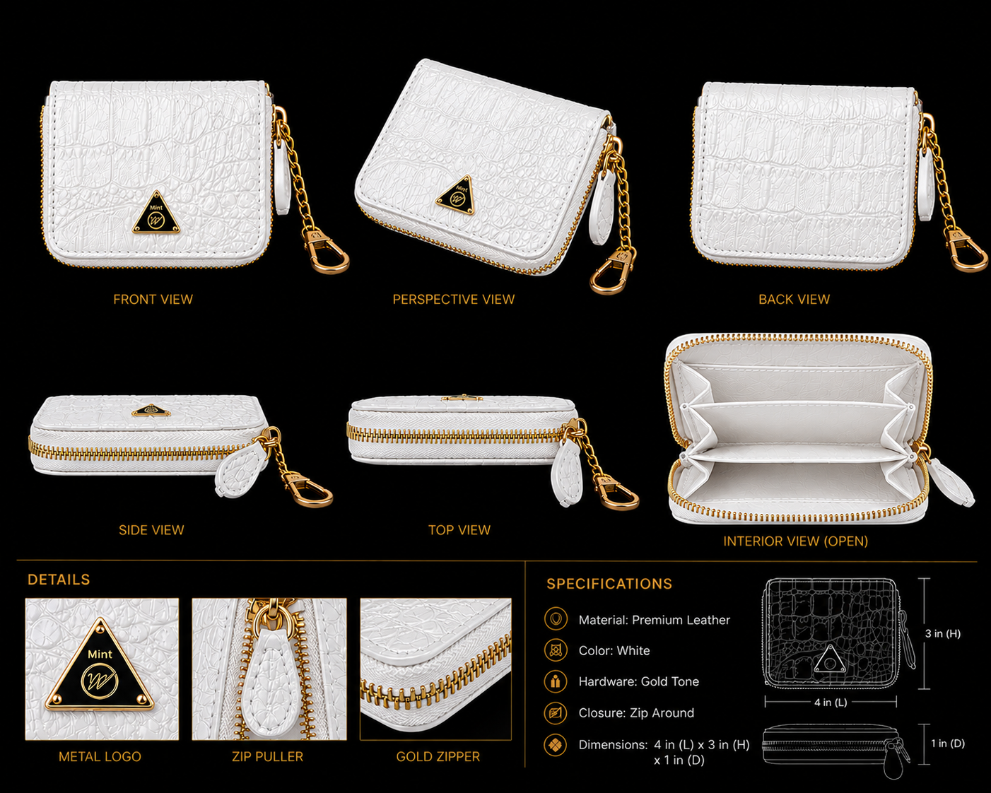 White handbag with gold accents shown from multiple angles on a black background.