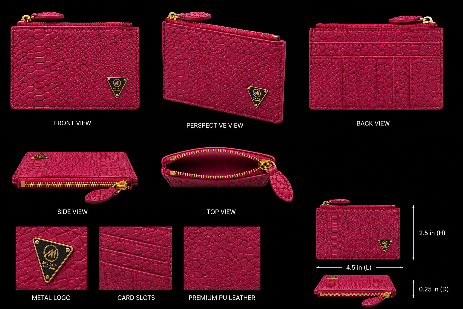 Pink wallet with multiple views and specifications on a black background
