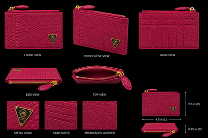 Pink wallet with multiple views and specifications on a black background