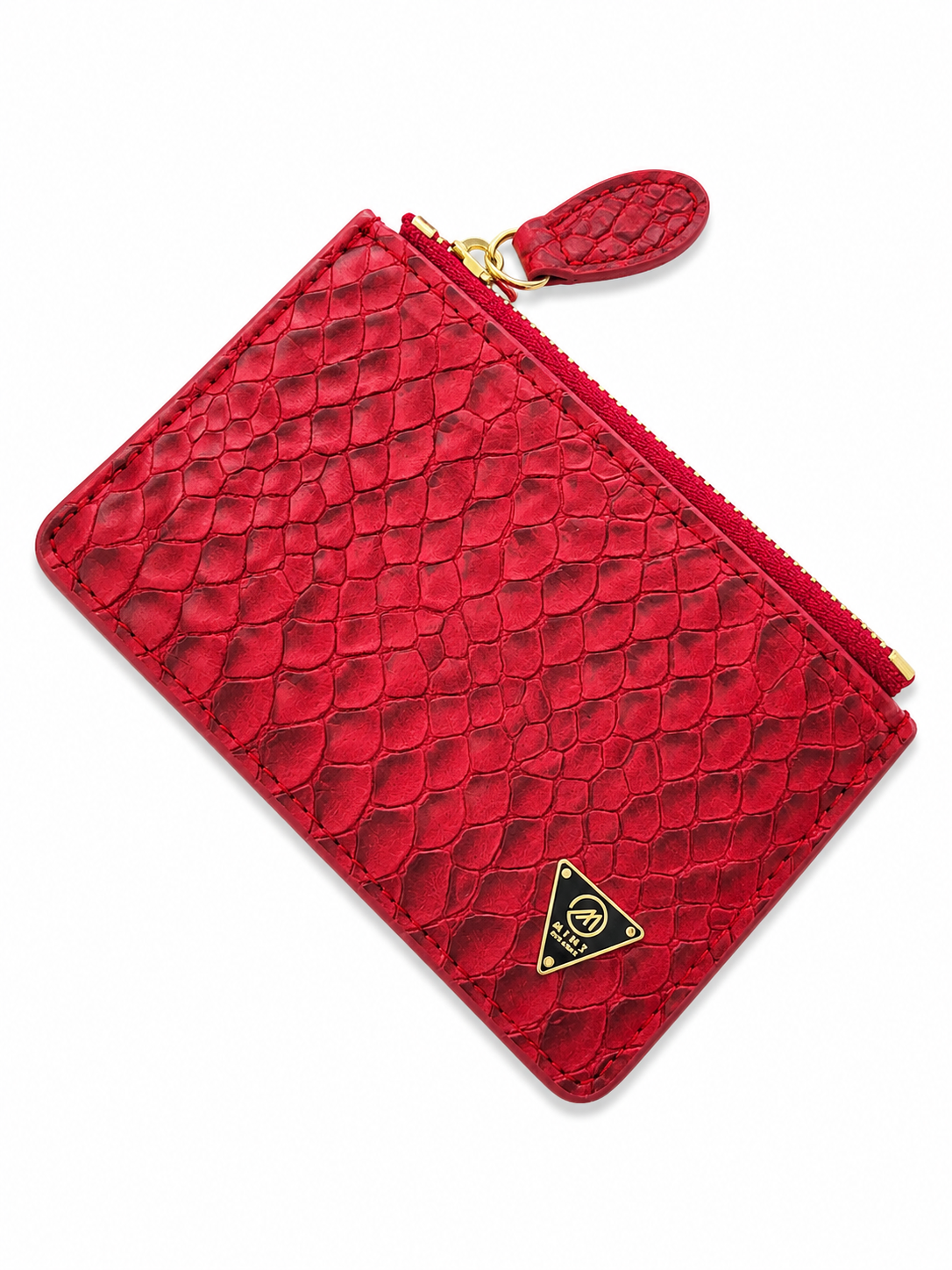 Red textured pouch with a gold zipper and logo on a white background by Mint Worldwide.