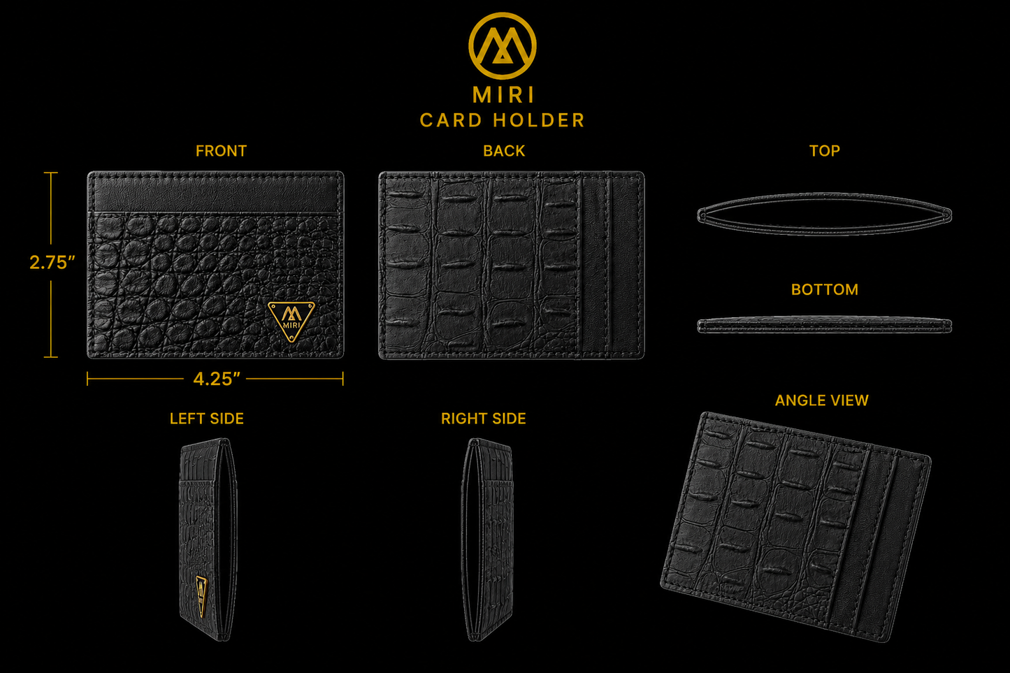 Black card holder with measurements and views on a black background By Mint Worldwide.