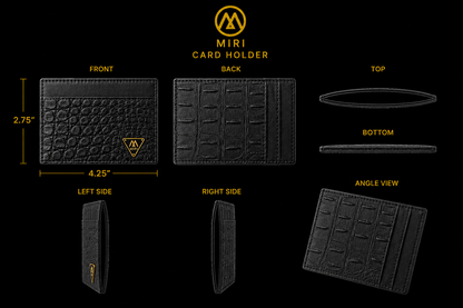 Black card holder with measurements and views on a black background By Mint Worldwide.