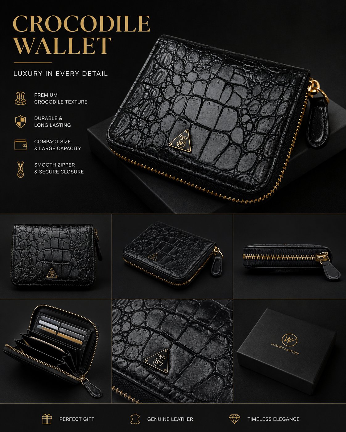 Black Crocodile Zip Bifold Wallet
