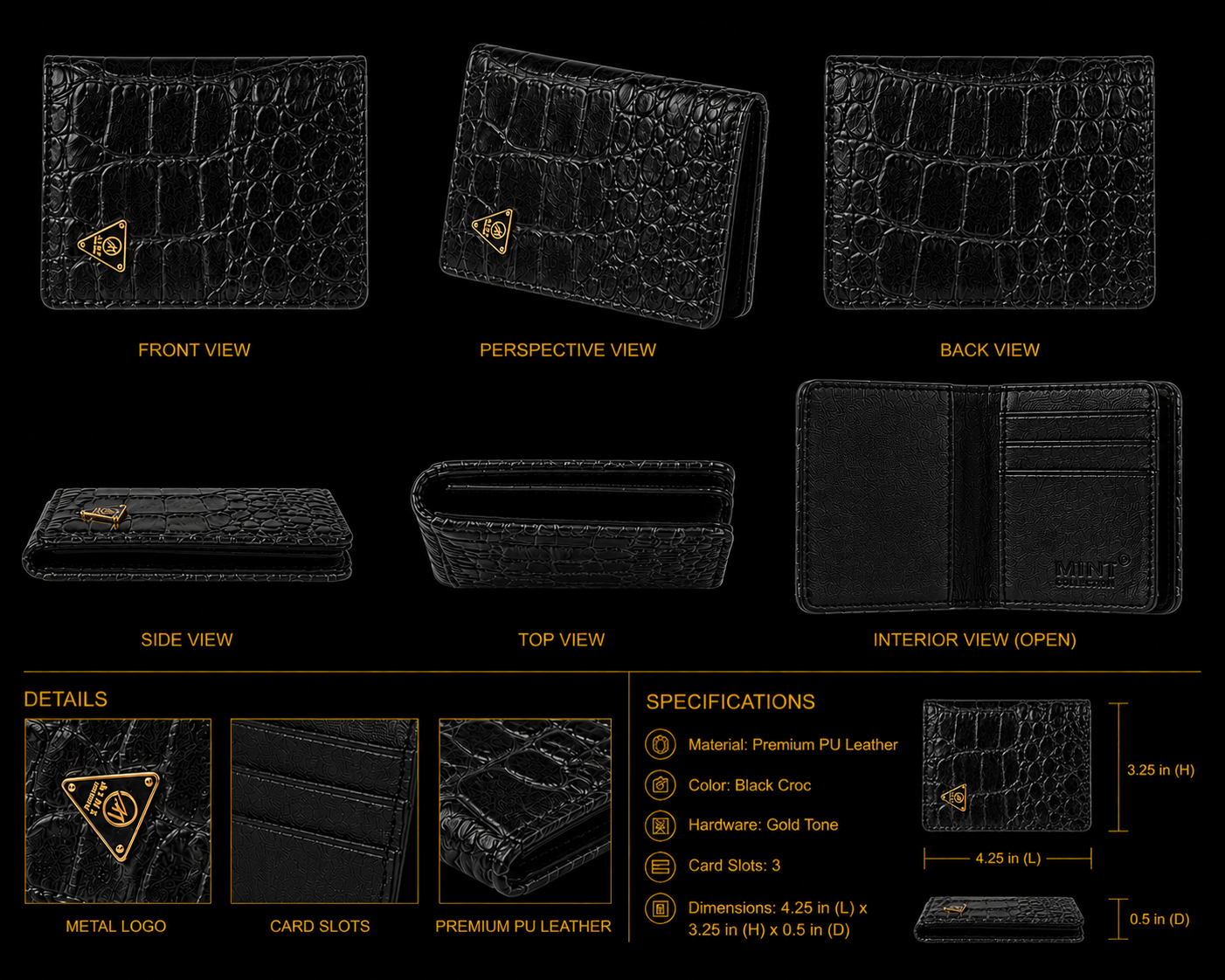 Black crocodile-patterned wallet with detailed views and specifications on a black background