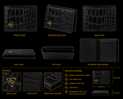 Black crocodile-patterned wallet with detailed views and specifications on a black background