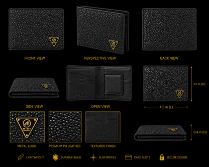 Black textured wallet with metal logo on a black background, showing front, perspective, back, side, and open views.