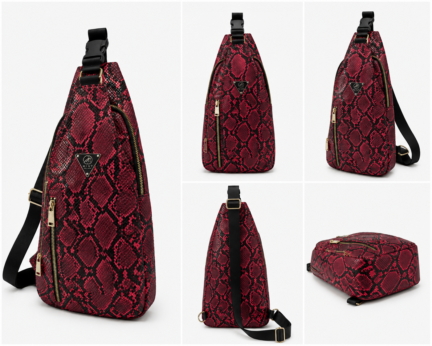 Red snake print sling bag shown from multiple angles on a white background