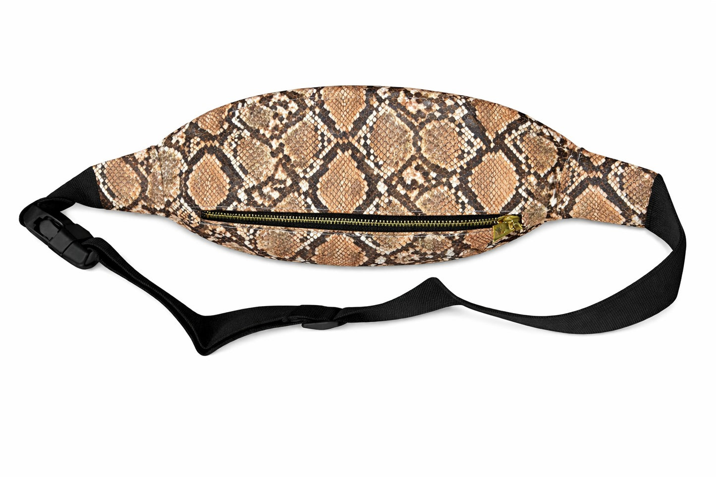 Snake print fanny pack with a black strap on a white background