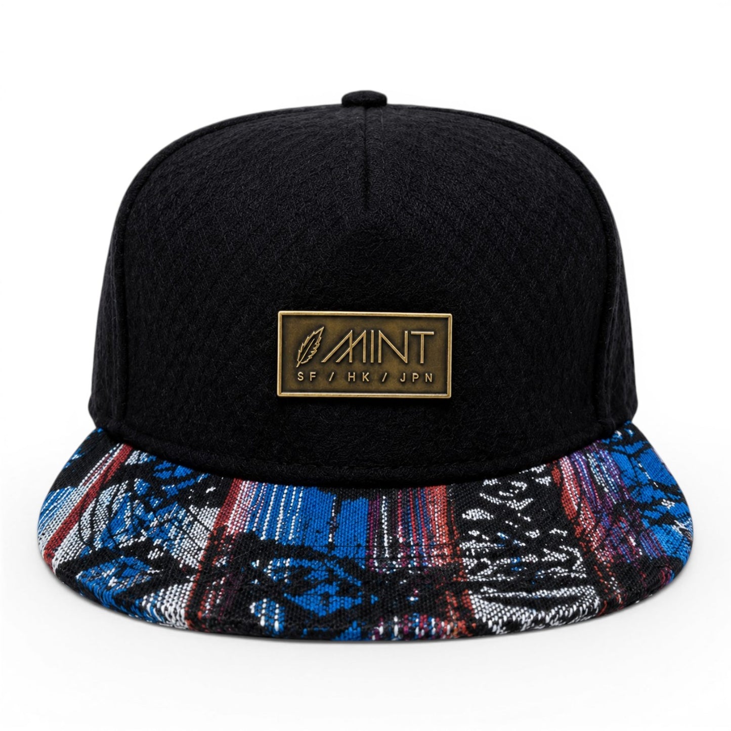 6 Panel Leather Strap Back Hat In Black with Multi color Brim