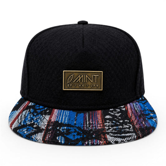 6 Panel Leather Strap Back Hat In Black with Multi color Brim