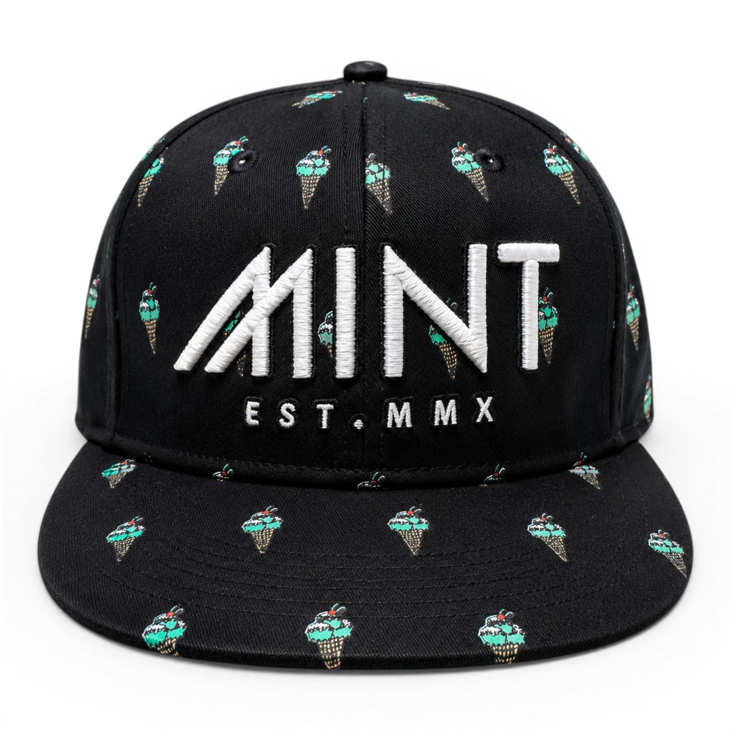 6 Panel Strap Back Hat Ice Cream design in Black