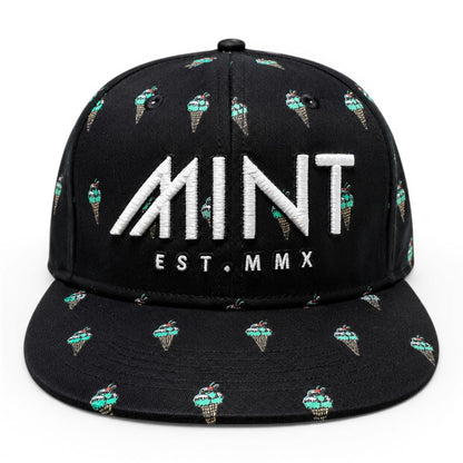6 Panel Strap Back Hat Ice Cream design in Black