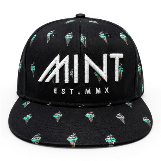 6 Panel Strap Back Hat Ice Cream design in Black