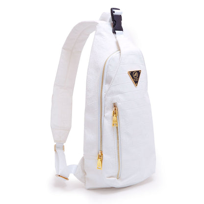 White sling bag with gold zippers on a white background